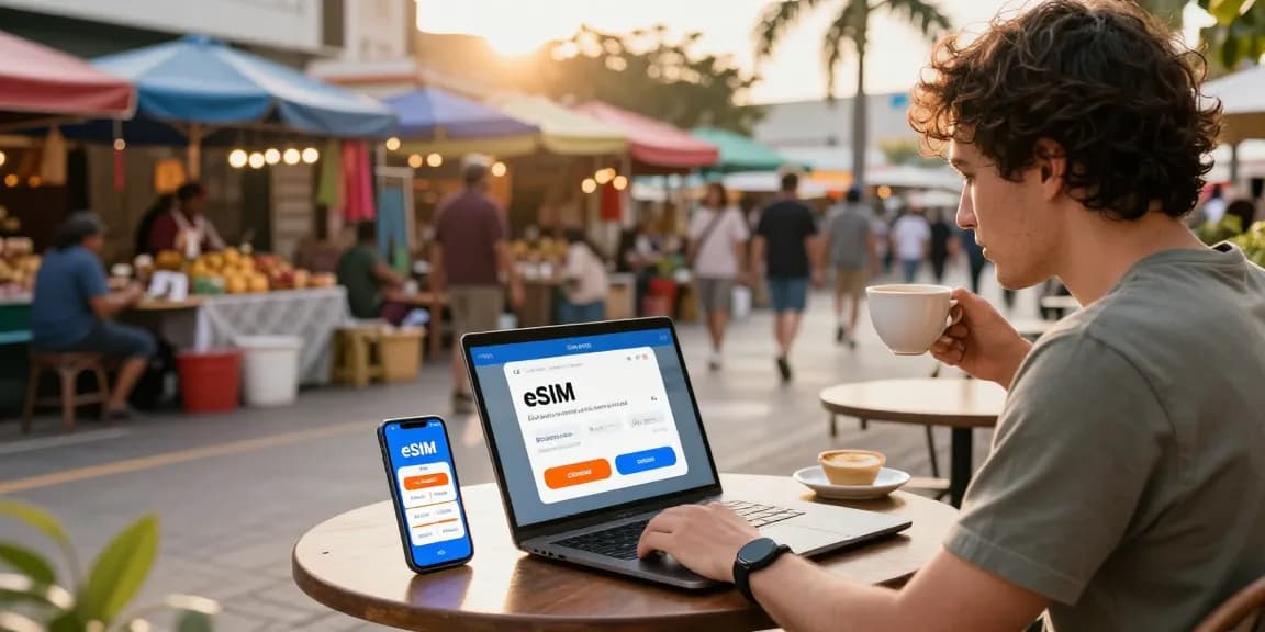 Digital nomad comparing eSIM优惠券 (eSIM yōuhuìquàn) deals at a café in an urban market.