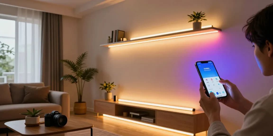 Benzile LED transformând un living modern prin iluminare flexibilă și ambient plăcut.