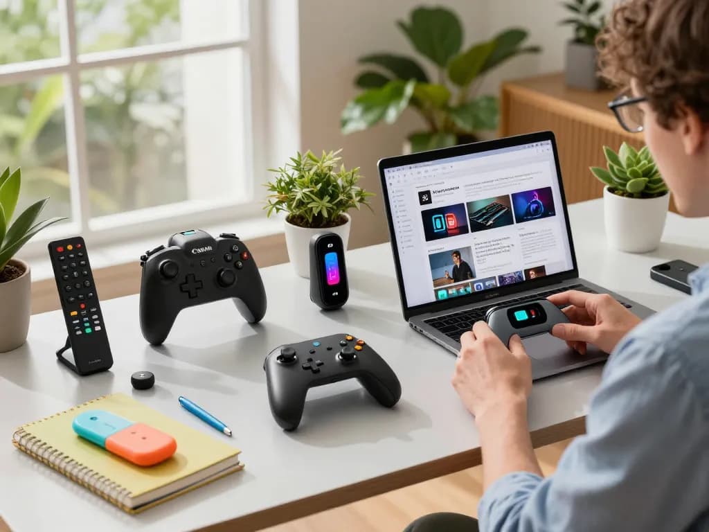 Featured scene with a person exploring trending tech gadgets in a bright workspace.
