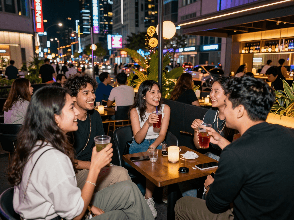 Young adults enjoying OP services in a vibrant urban nightlife setting with neon lights.