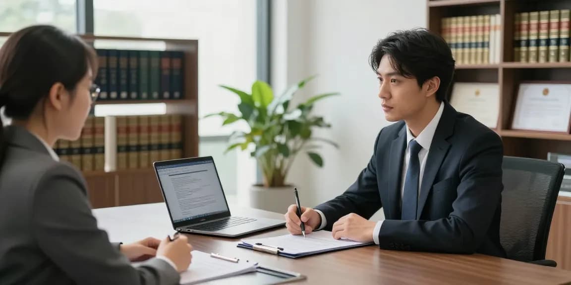 Lawyer consulting with a client about her comment is here in a modern office setting.