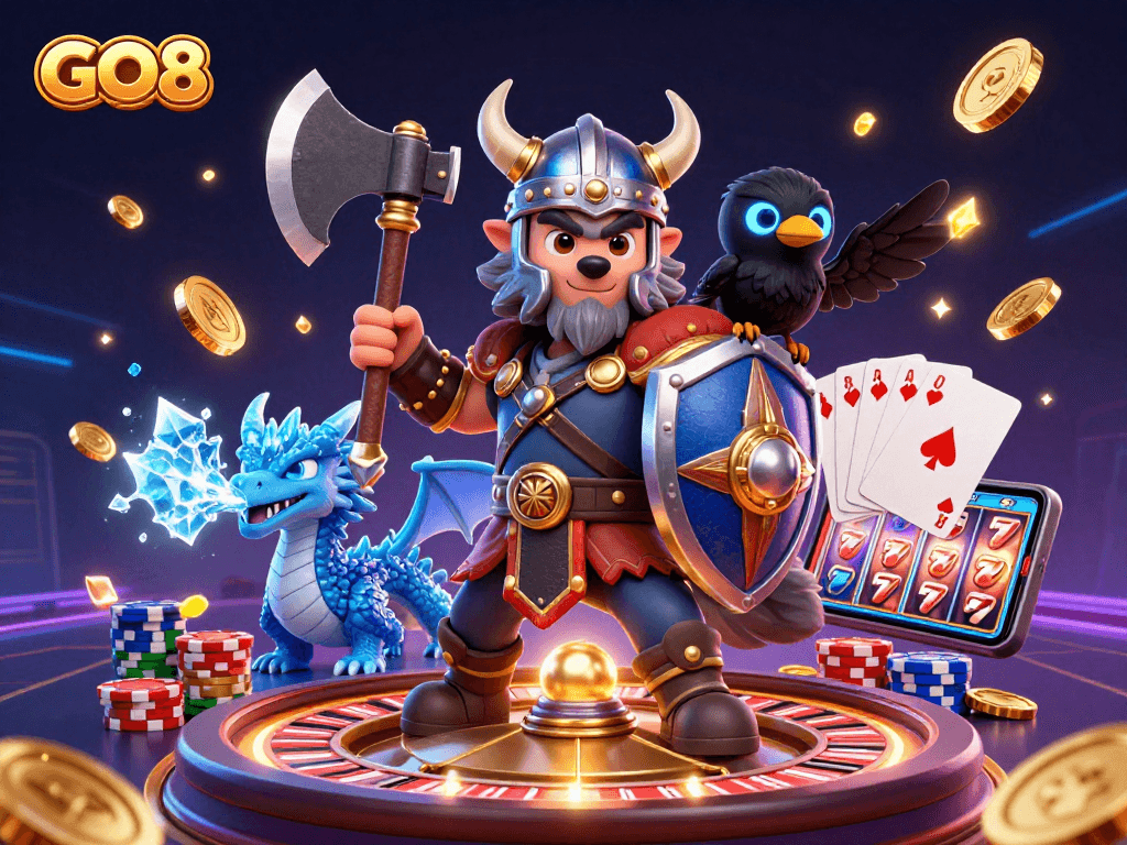 Experience casino excitement with GO8, featuring a Viking wolf warrior and dynamic gaming elements.