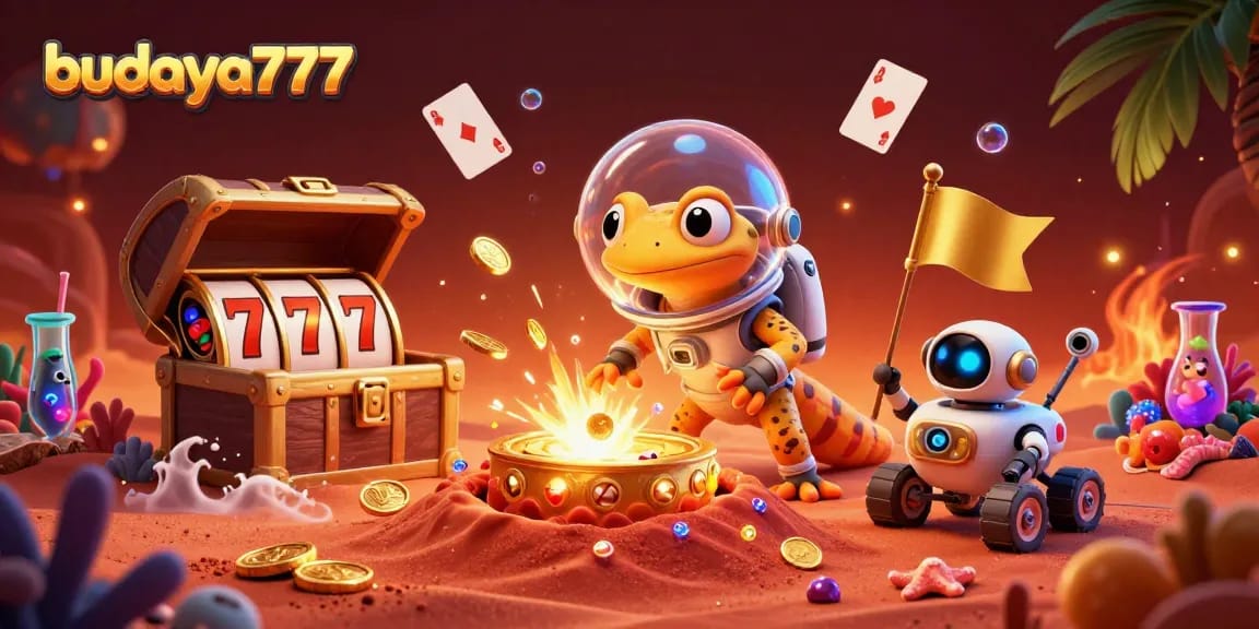 Gambarkan budaya777 dalam kasino emas, dengan karakter lucu dan simbol slot yang menarik.