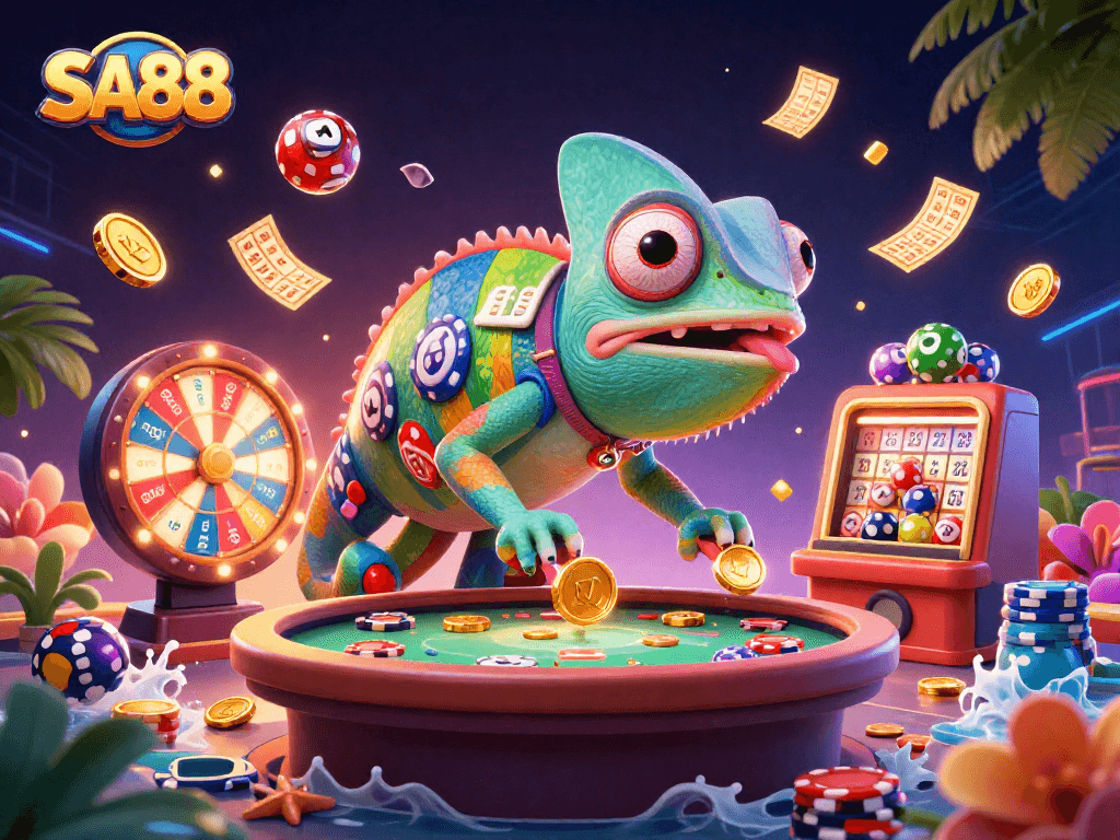 Engaging SA88 casino scene with a chameleon owner, colorful lottery balls, and vibrant game elements.