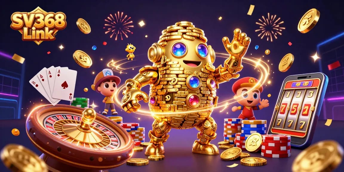 Spin and win at SV368 Link, featuring an ancient golden golem surrounded by sparkling casino elements.