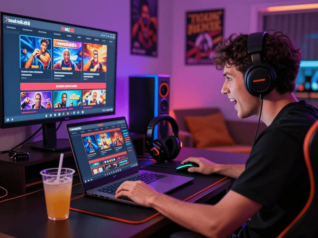 Engaged gamer enjoying a rokok88 online casino experience with vibrant atmosphere and gaming accessories.