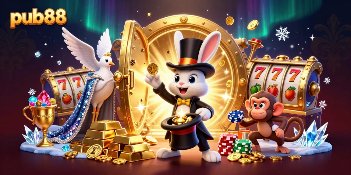 Engage with pub88's casino magic, featuring a magician rabbit amidst a bustling gaming scene.