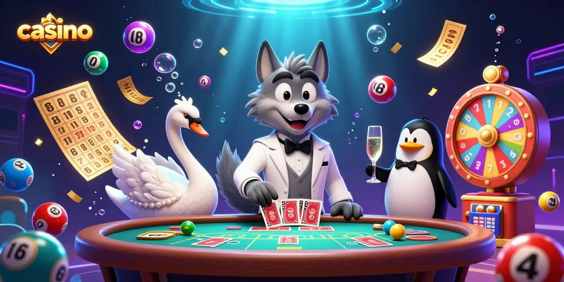Engage in thrilling casino action with a debonair wolf, a card-dealing swan, and a penguin sommelier.