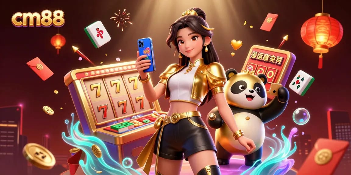 Experience the thrill with cm88 as a stylish woman engages with exciting slots and casino games, surrounded by joy.