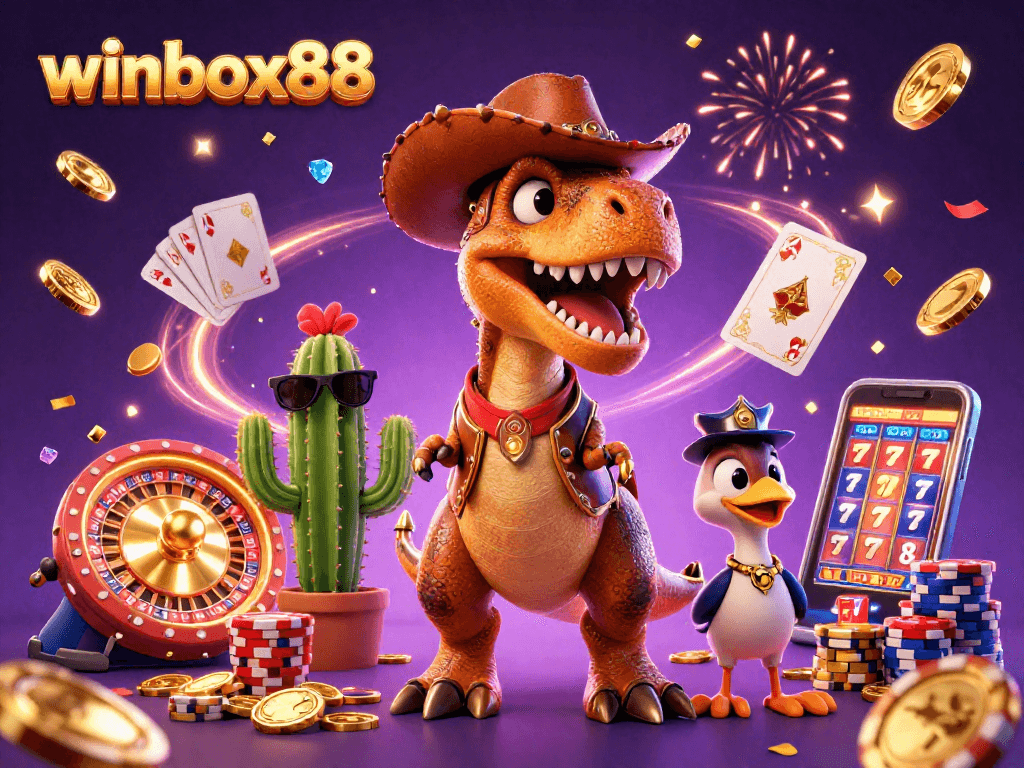 Experience thrilling wins with winbox88 in this vibrant 3D casino scene filled with action.