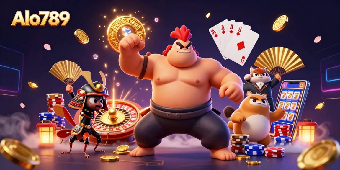 Alo789 features a powerful sumo wrestler rooster and fierce cricket in a dynamic gambling scene, showcasing exciting gaming elements.