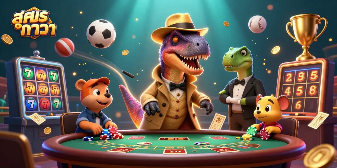 Visualize strategies with สูตรบาคาร่า in this dynamic casino scene featuring a velociraptor card counter.