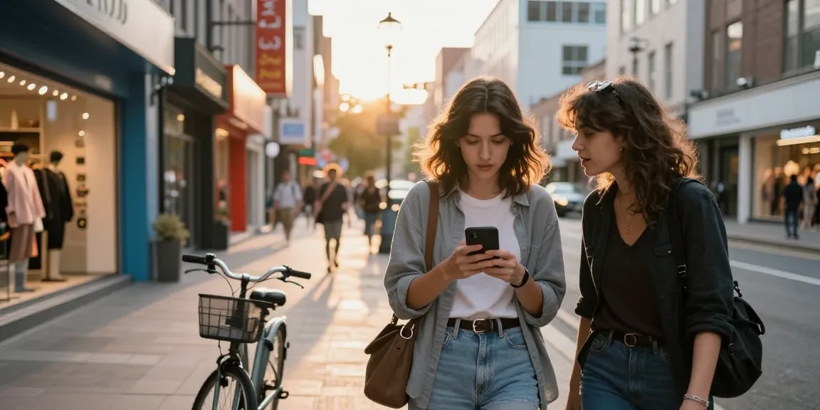 Gái gọi đang sử dụng smartphone trên phố sầm uất, thể hiện phong cách sống hiện đại.