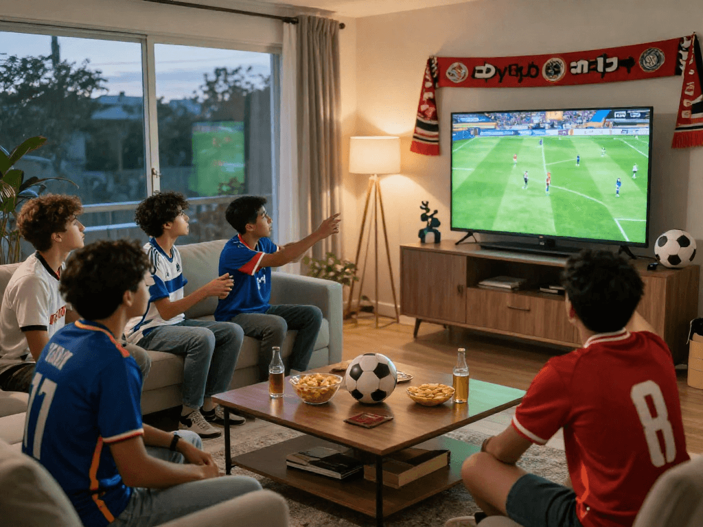 Excited football fans enjoying Koora live streaming in a lively home setting while discussing the game.
