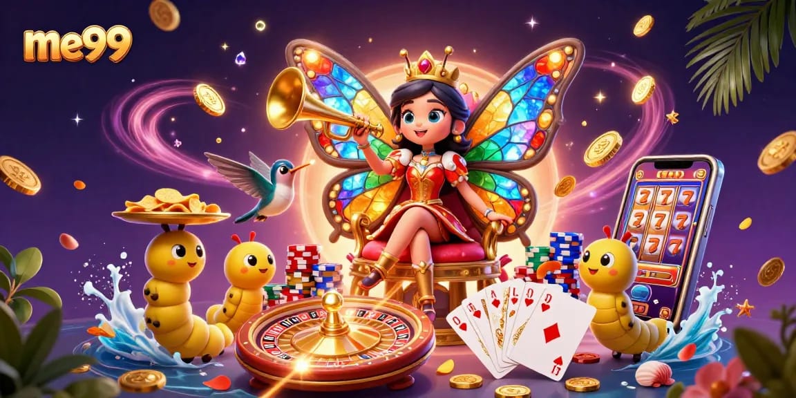 Play premium pokies and winnings soar at me99 in a vibrant casino-themed illustration.