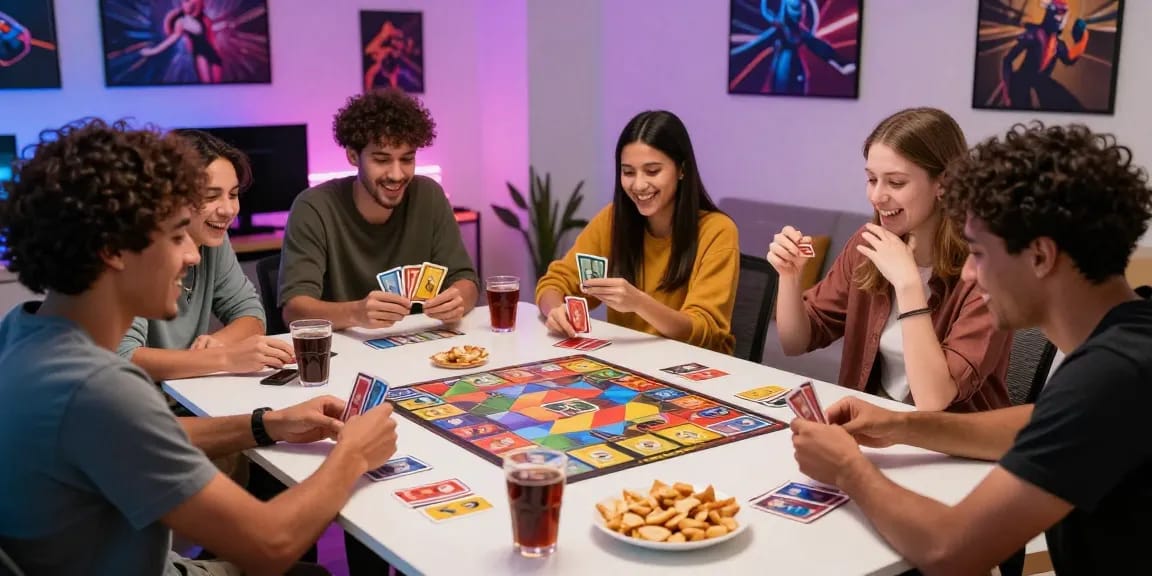 Friends enjoying a lively gaming night with rikvip card games and vibrant atmosphere.
