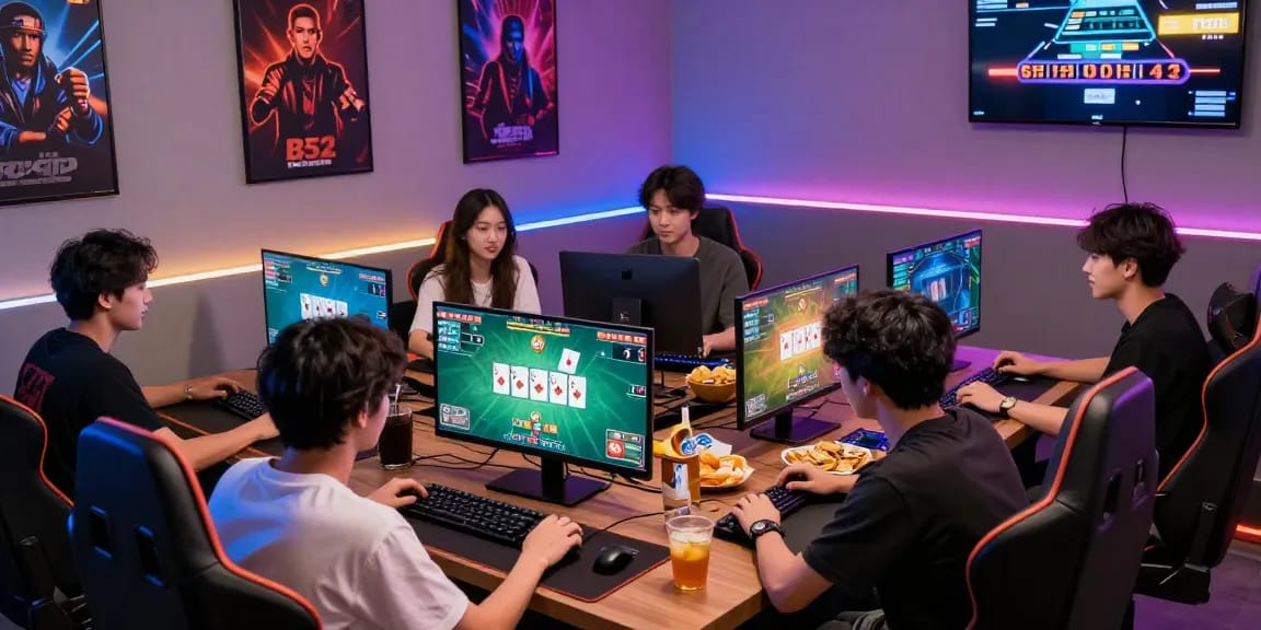 Trải nghiệm chơi game B52 đa dạng trong không gian hiện đại, bạn bè tương tác vui vẻ.
