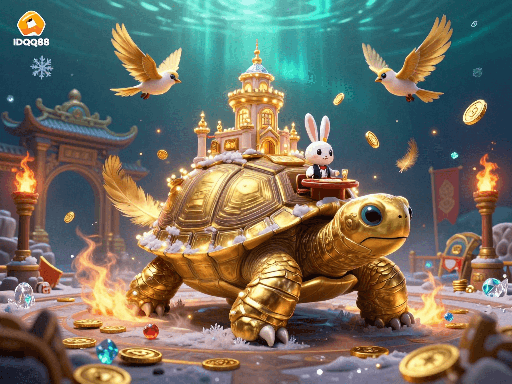 Experience IDQQ88's vibrant casino adventure with golden tortoise and rabbit dealer!