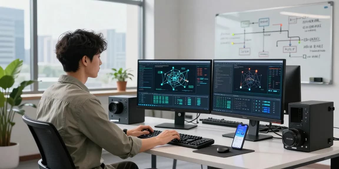Network specialist optimizing 快连 app on multiple monitors in a modern workspace.