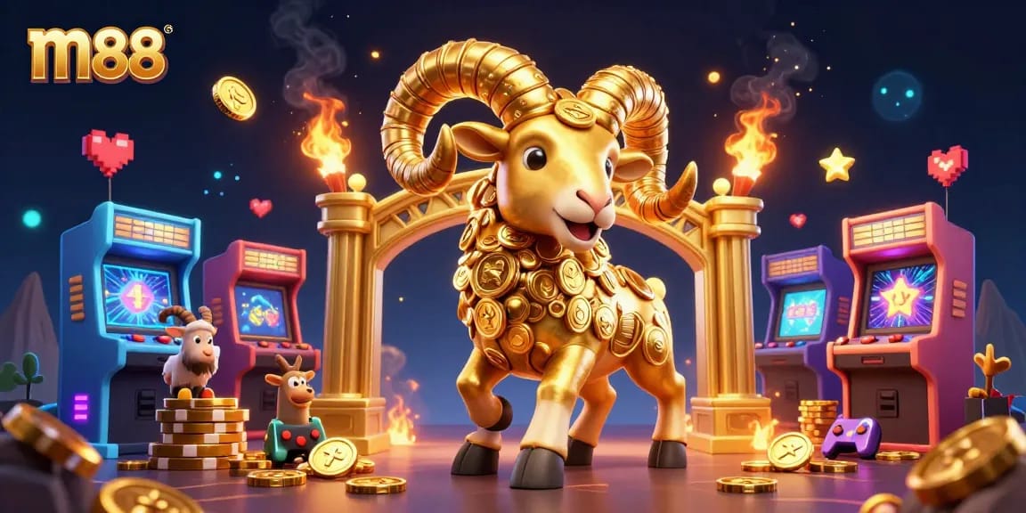 Experience thrilling action at m88, depicted with a golden ram charging through a casino game wonderland.