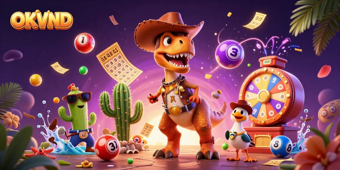 Experience thrilling gaming action at OKVND with vibrant casino-themed characters and festive elements.