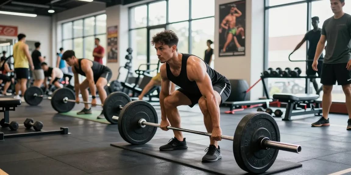 Bodybuilder, der im Steroidshop-Fitnessstudio Gewichte hebt, wobei Krafttraining und eine sportliche Umgebung betont werden.