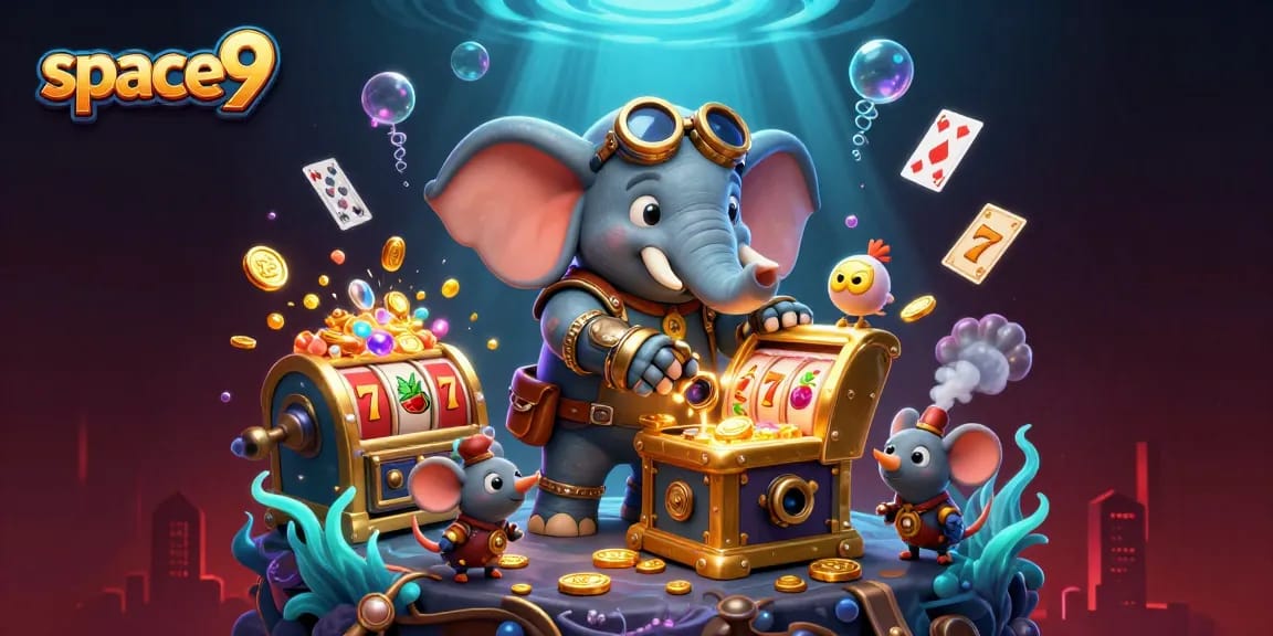Spin to win at Space9 with a vibrant scene full of gold coins, slots, and colorful gaming elements.