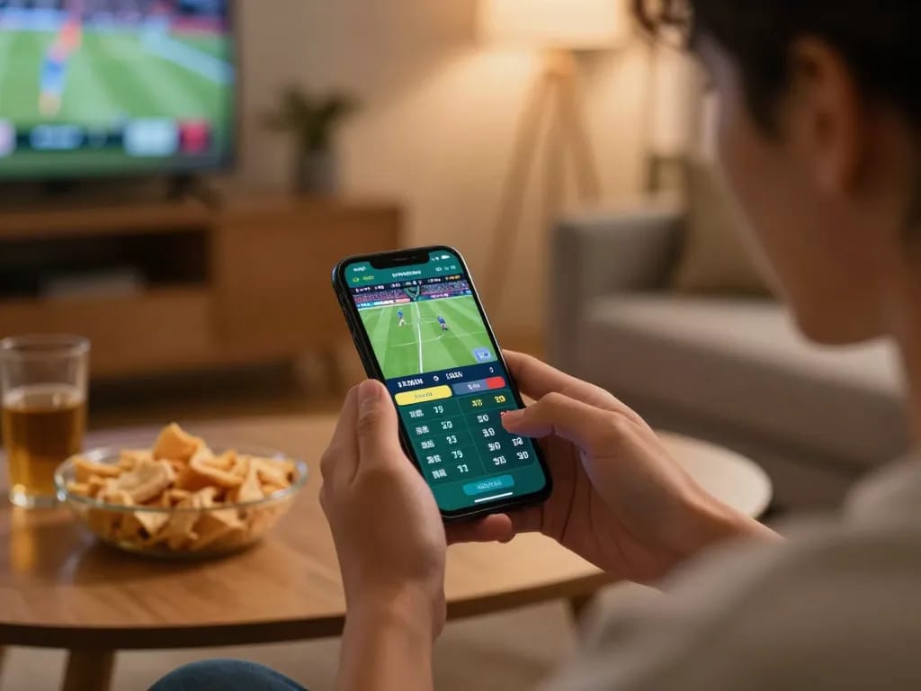 Excited player engaging in sports betting via smartphone on keonhacai5 during live game.