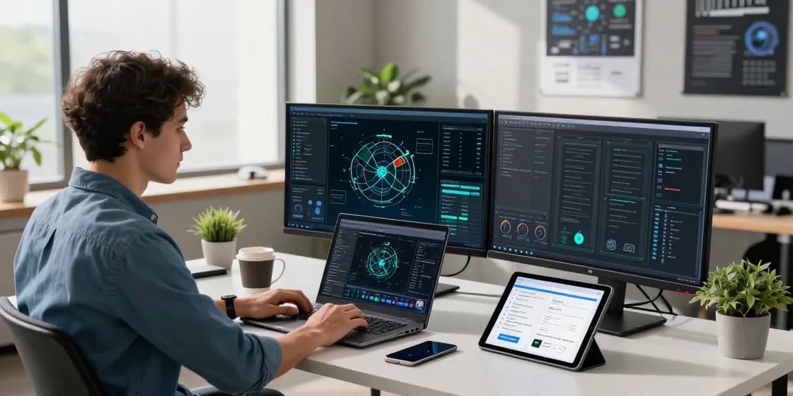 快连 network optimization workspace with monitors, laptop, and analytics in a modern office environment.