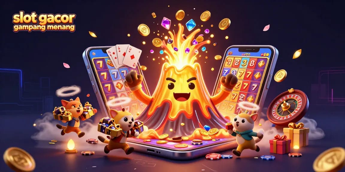 Experience creative joy with slot gacor gampang menang, featuring a jubilant golden volcano spilling treasures in a vibrant casino scene.