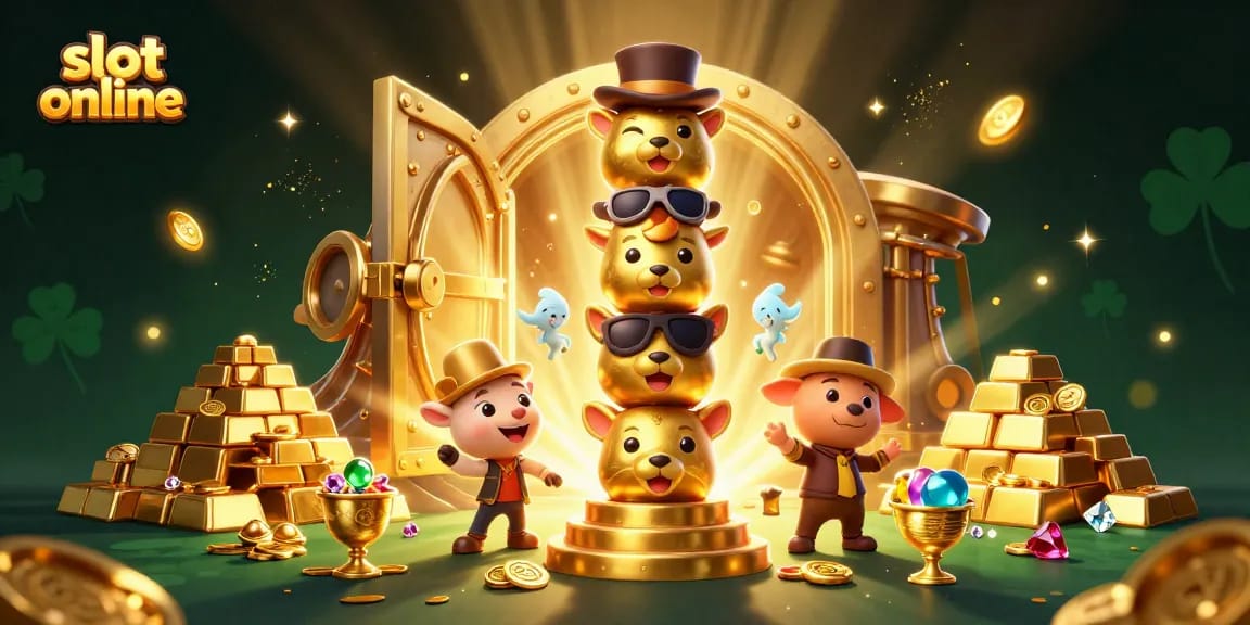 Mainkan slot online dengan totem berwarna-warni dan simbol keberuntungan, dikelilingi harta karun.