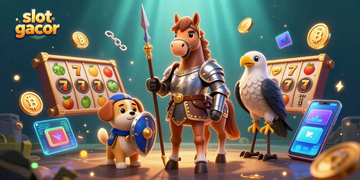 Experience the vibrancy of slot gacor with dynamic gameplay among medieval characters and glowing crypto elements.