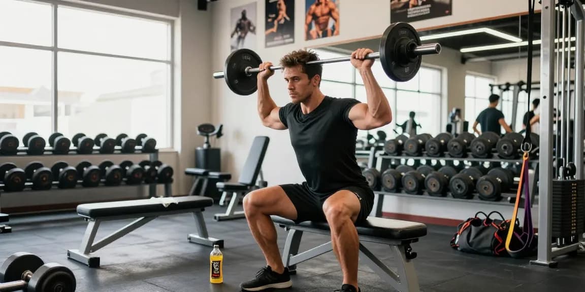 Muskelbepackter Mann, der im Anabolika Shop Deutschland mit Gewichten und Fitnessgeräten auf Kraft trainiert.