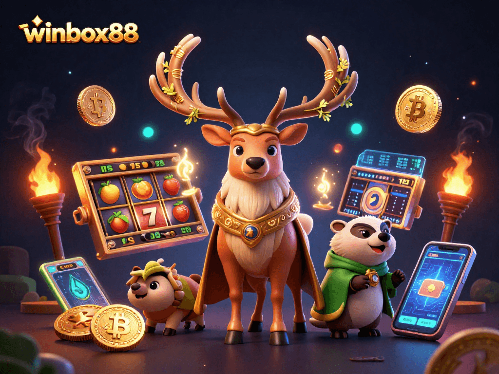 Winbox88 players spin slot reels with druid and badger in a magical casino scene.