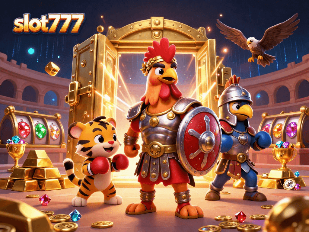 Experience exciting wins with slot777, showcasing dynamic characters in a vibrant casino scene