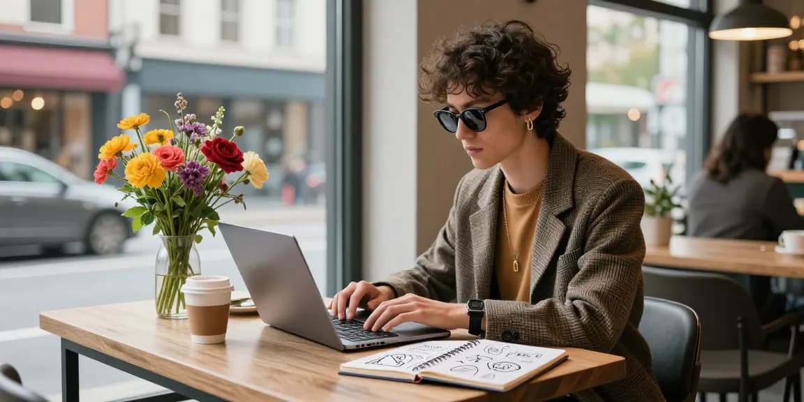 Stylish individual showcasing modern style while working creatively in a vibrant coffee shop.