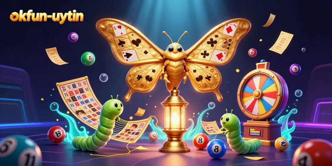 Engage with okfun-uytin's vibrant 3D casino scene showcasing colorful lottery balls and interactive elements.