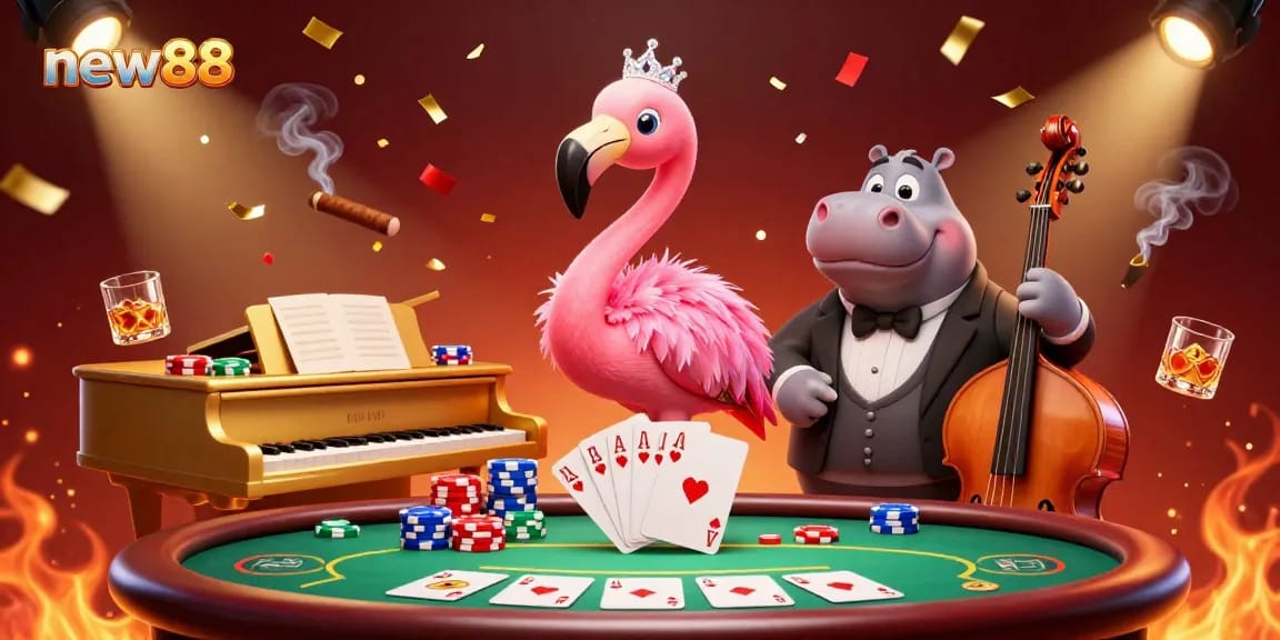 Experience thrilling gaming at new88 with a lively 3D illustration of a casino lounge scene featuring a flamingo singer and hippo bassist.