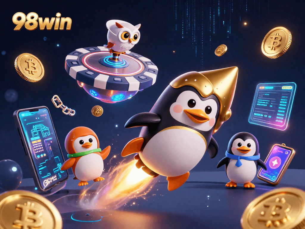 Engage with the thrilling universe of 98win, where a golden penguin rocket journeys through a casino-themed cosmos.