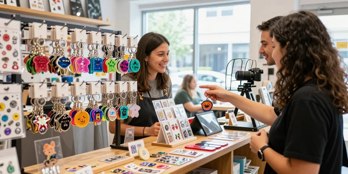 Customer exploring custom keychains at a vibrant retail shop displaying unique designs and options.
