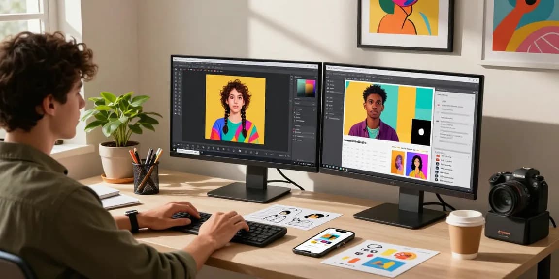Engaged user utilizing nano banana 2 AI image editor in creative workspace, surrounded by vibrant AI-generated visuals.