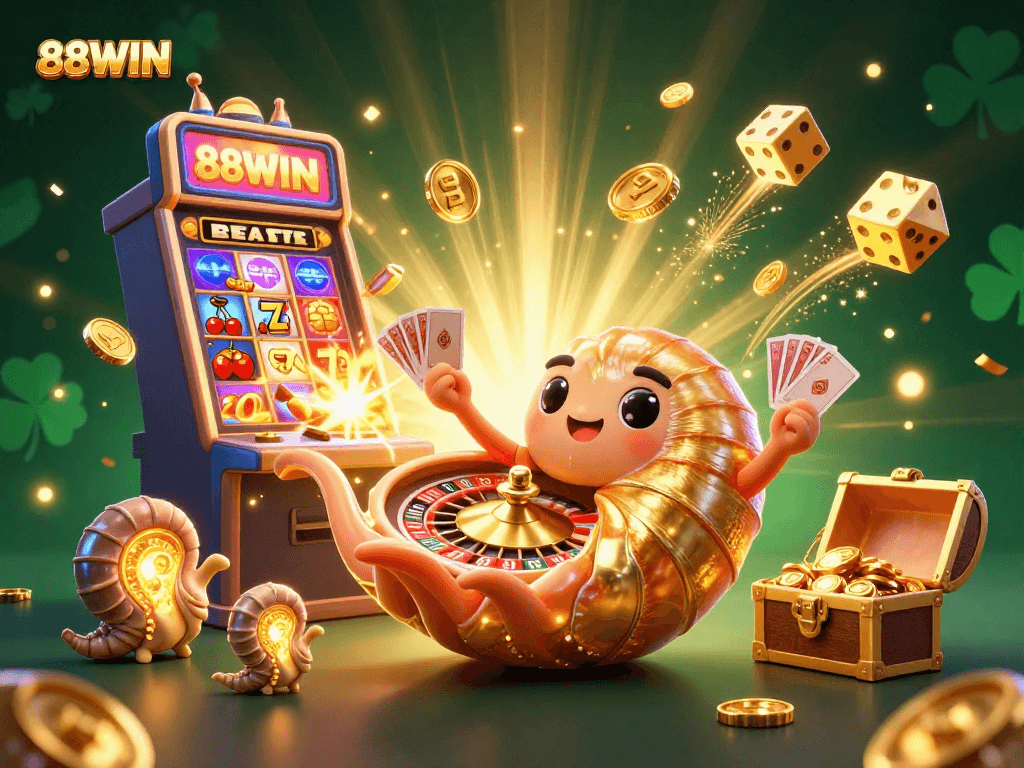Experience the thrill of 88WIN with a dynamic casino scene featuring animated characters and vibrant game elements.