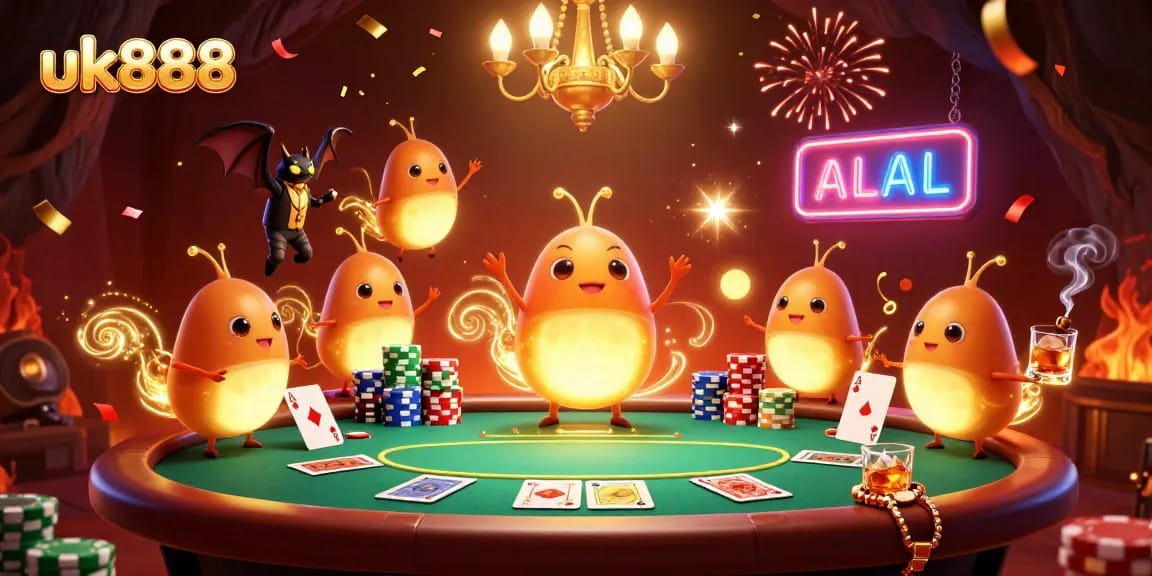 uk888 glowworms illuminate a vibrant casino scene with poker elements and festive confetti.