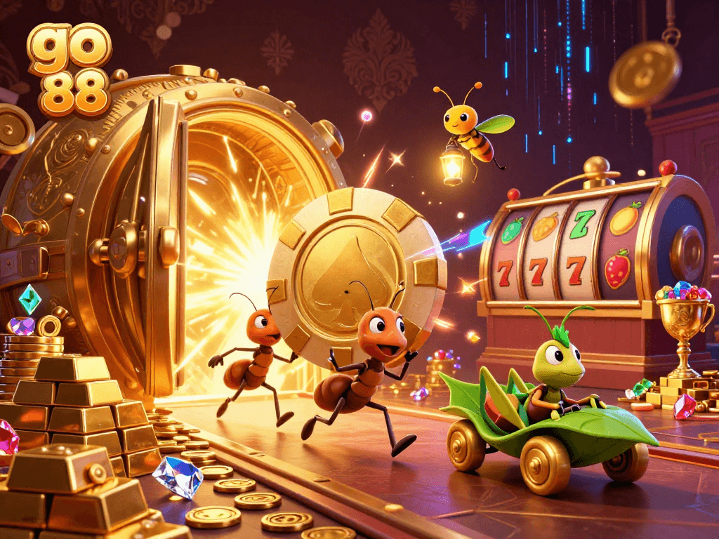 Experience the excitement of go 88 as ants expertly carry a giant poker chip in a vibrant casino tunnel.