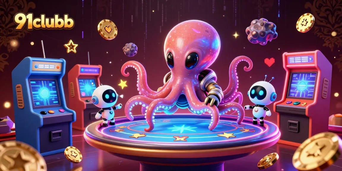 Play poker with the fun alien octopus at 91clubb in vibrant 3D casino illustration.