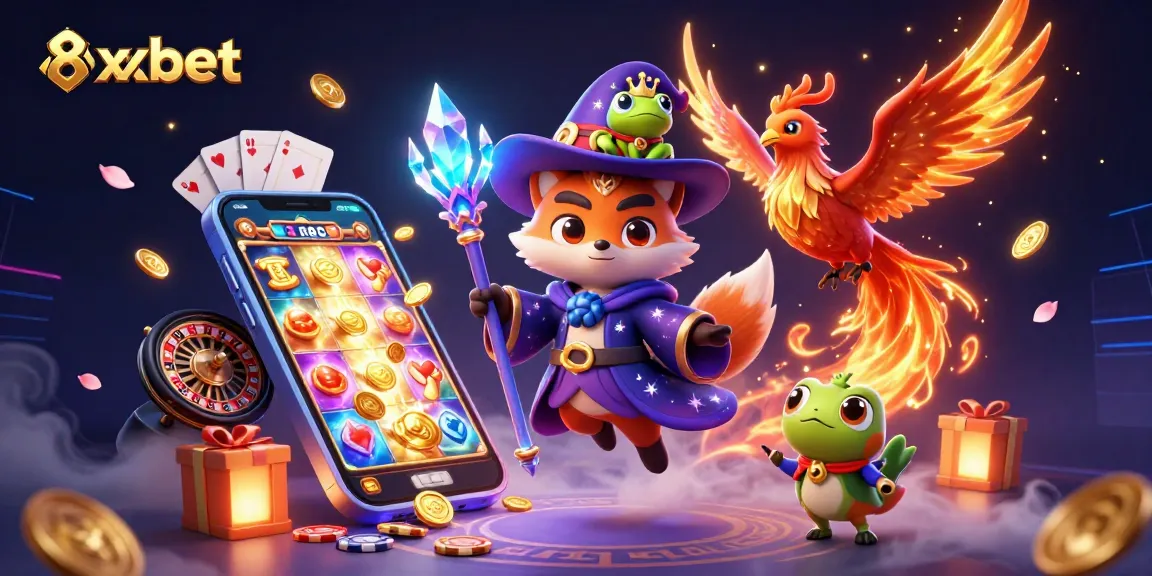Engage with 8xbet's vibrant world of luck and gaming featuring a mystical fox and phoenix.