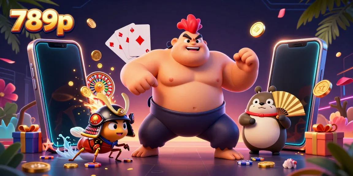 Exciting 789p casino scene featuring a sumo wrestler, a cricket, and a tanuki, amidst vibrant gaming elements.