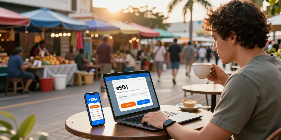 Digital nomad comparing eSIM优惠券 (eSIM yōuhuìquàn) deals at a café in an urban market.
