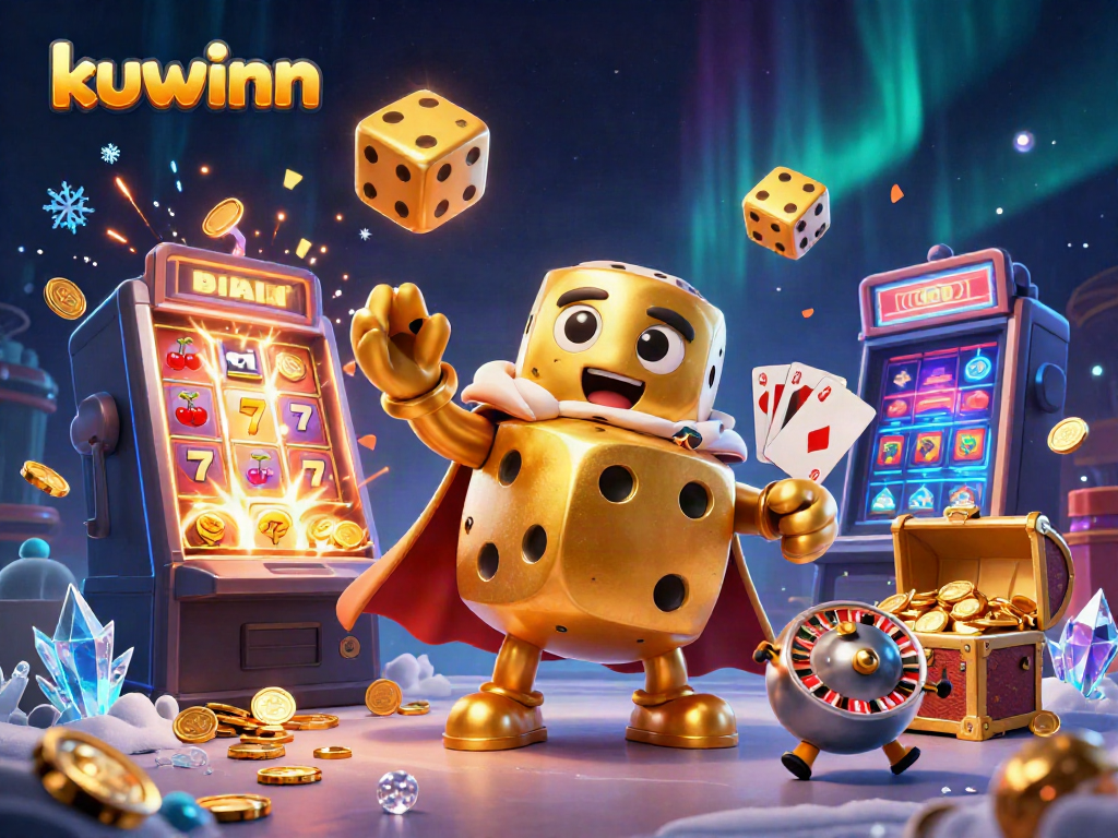 Kuwinn players enjoy an exciting 3D casino scene featuring a lively dice golem, jackpot symbols, and a colorful game lobby.