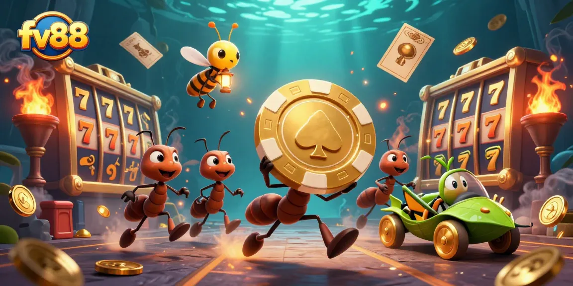 fv88 showcases ants on a heist with giant poker chip and casino elements featuring lively gold coins and slot reels.